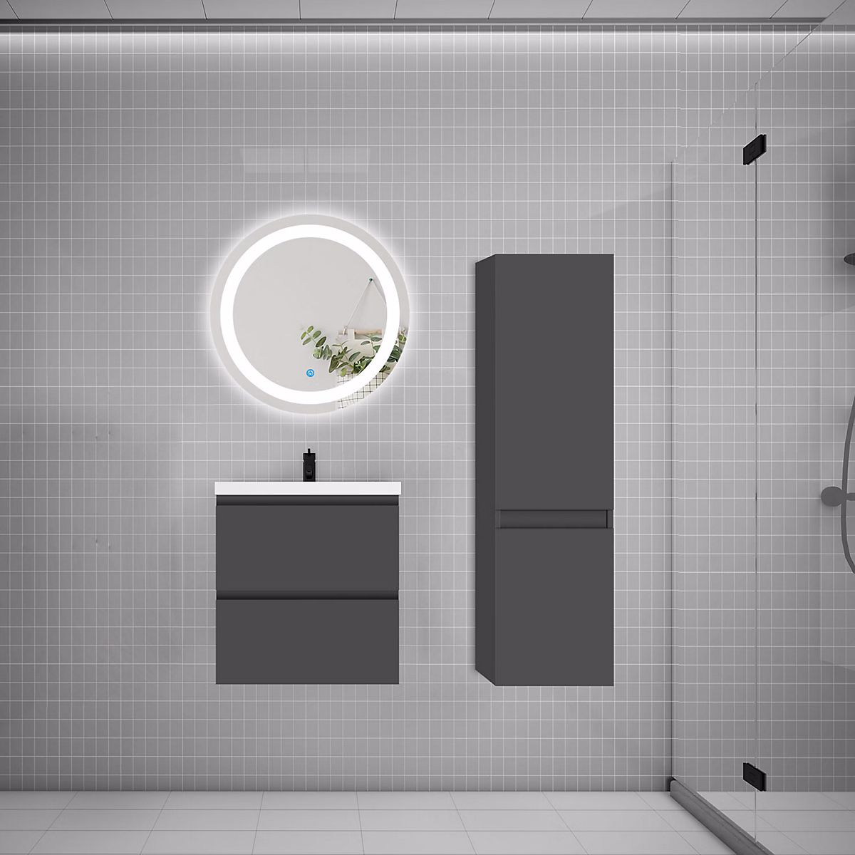 Ensemble meuble vasque L.50cm 2 tiroirs + lavabo + LED miroir rond 60cm + colonne – anthracite easy