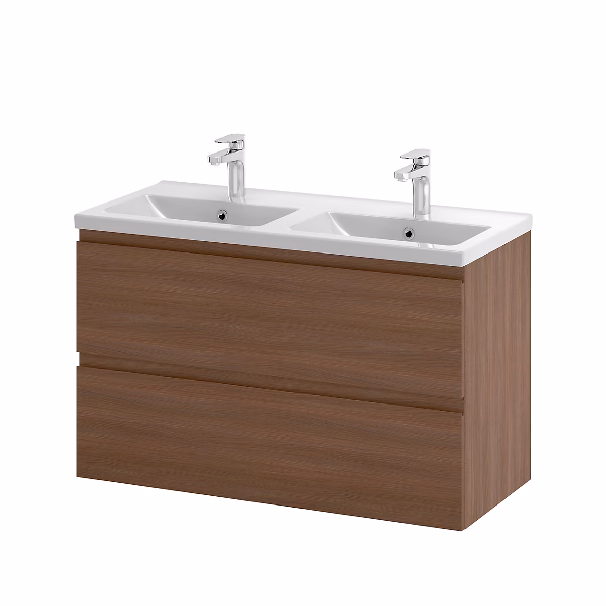 Meuble sous vasque suspendu effet chêne foncé l.100 cm 2 tiroirs Imandra + plan double vasque blanc céramique Nira – GoodHome