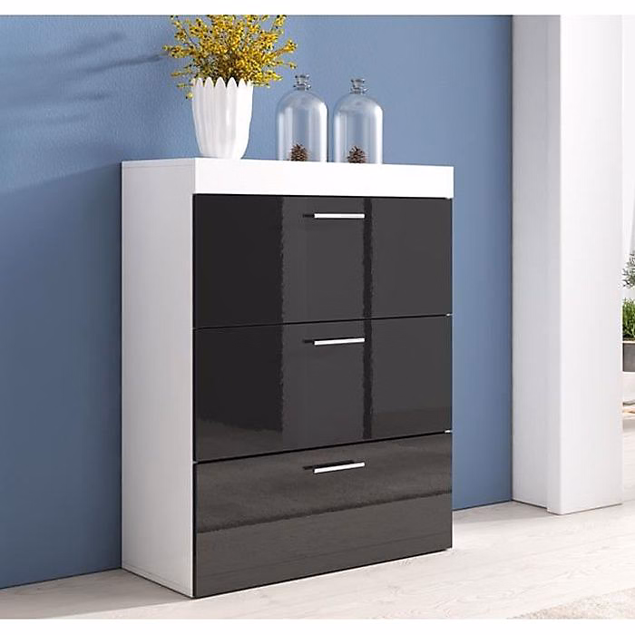 Commode moderne 3 tiroirs – Blanc et noir brillant, Mélamine, 75 × 99 × 36 cm
