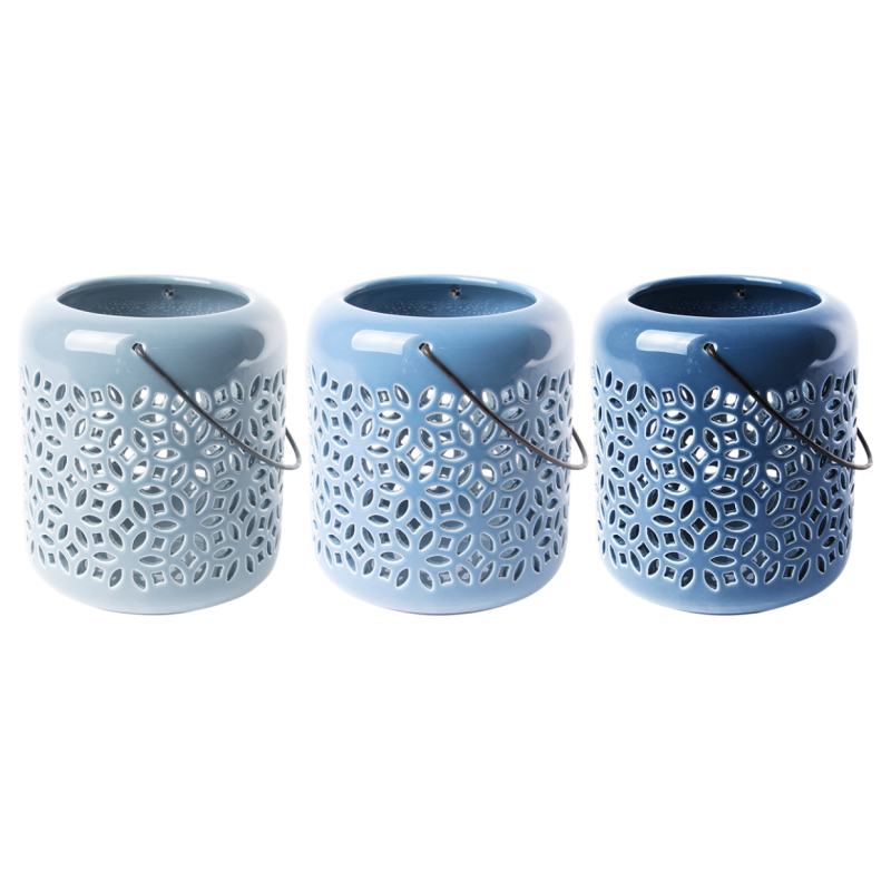 Lanterne bleu lot de 3 - Décoration céramique 13,5 cm