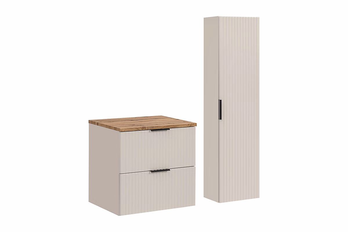 Ensemble ADEL CACHEMIRE meuble suspendu sous vasque avec plan chêne 60 cm et colonne 35 × 140 cm
