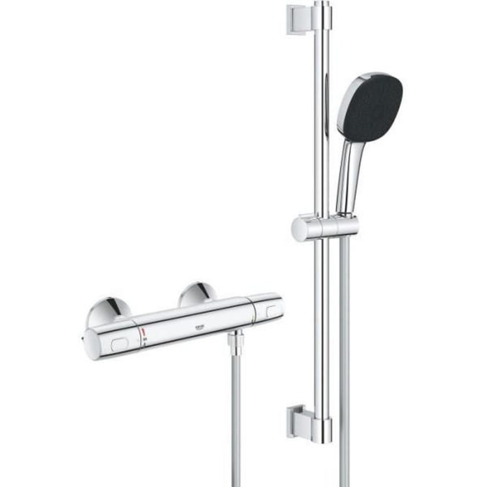 Grohe Ensemble de douche avec mitigeur thermostatique, pommeau 3 jets, barre 60cm et flexible - grohe 34237003 - economie d'eau - chro