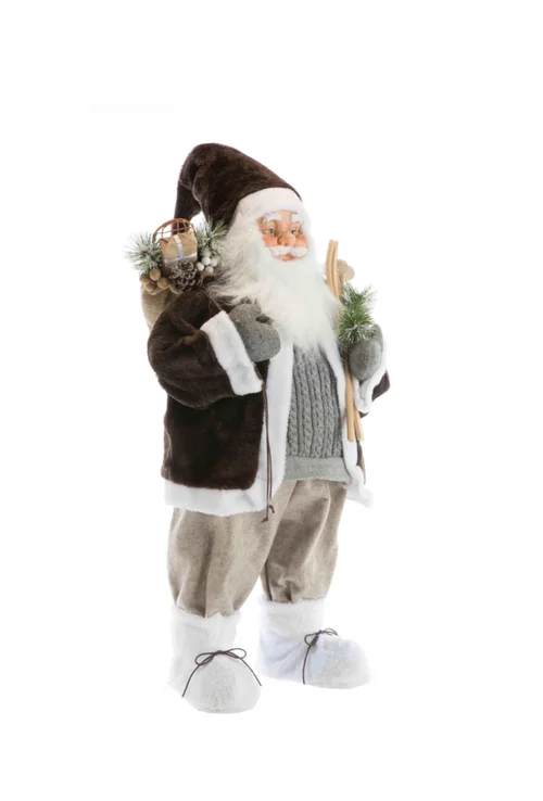 Pour votre espace extérieur：Père Noël en tissu brun/gris avec hotte de cadeaux et skis - 120 cm