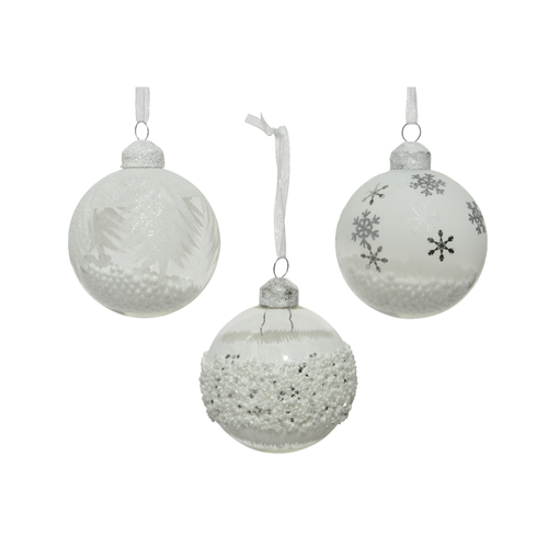 BOULE EN VERRE PAILLETTES, PERLES ET FLOCON DE NEIGE - ∅8CM