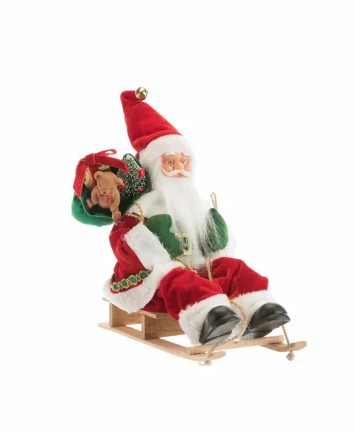 Pour embellir vos extérieurs：Père Noël traditionnel en tissu rouge et vert sur luge avec hotte - 30 cm