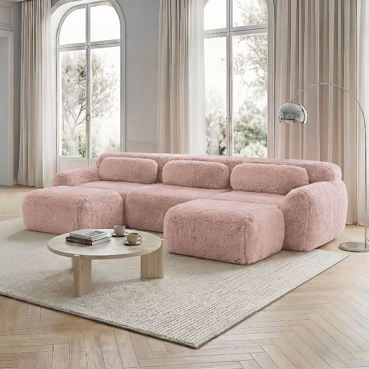Canapé modulaire en U – tissu pelucheux, pas d'assemblage, antidérapant, avec coussins, rose