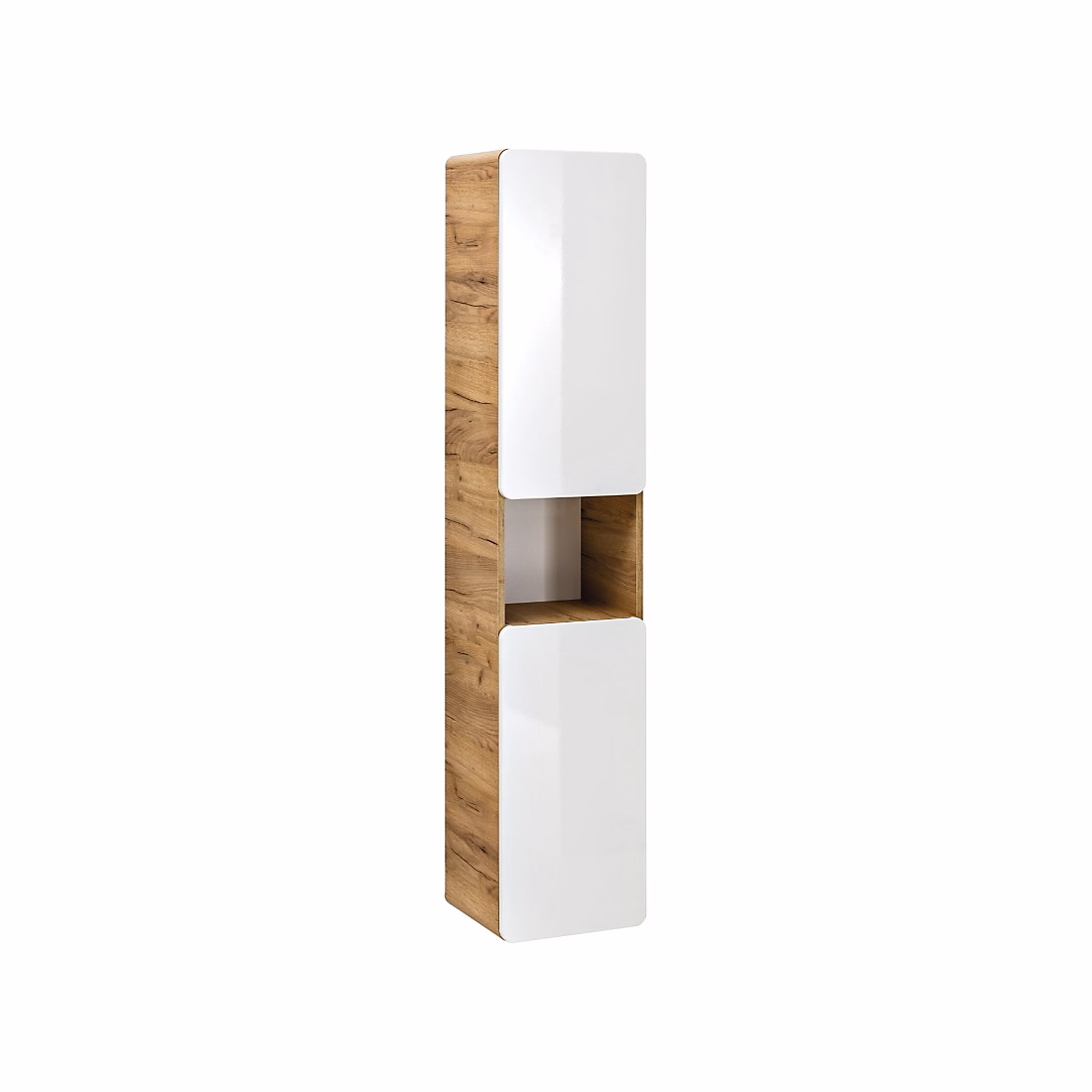 Colonne salle de bain ERBANO Chene clair et blanc brillant 35 × 170 cm 2 portes Meuble suspendu