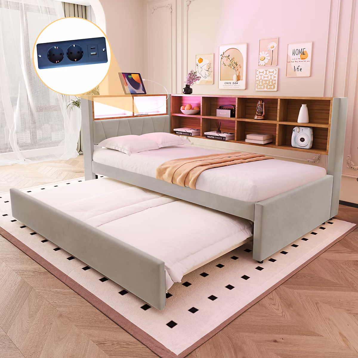 Canapé-lit 90 × 200 cm en flanelle gris clair avec lit gigogne et LED