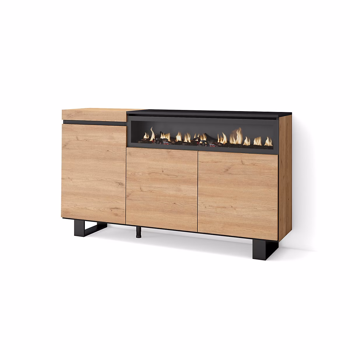 Buffet 150 × 35 × 87cm feu led sans chaleur couleur chêne et noir