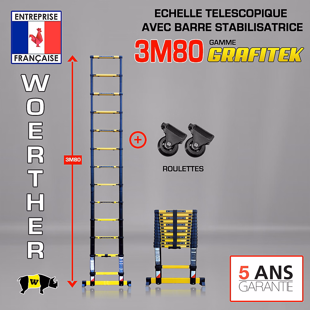 Echelle Telescopique Aluminium 3 – 80 m WOERTHER avec Roulettes Amovibles, 150 kg, Garantie 5 Ans