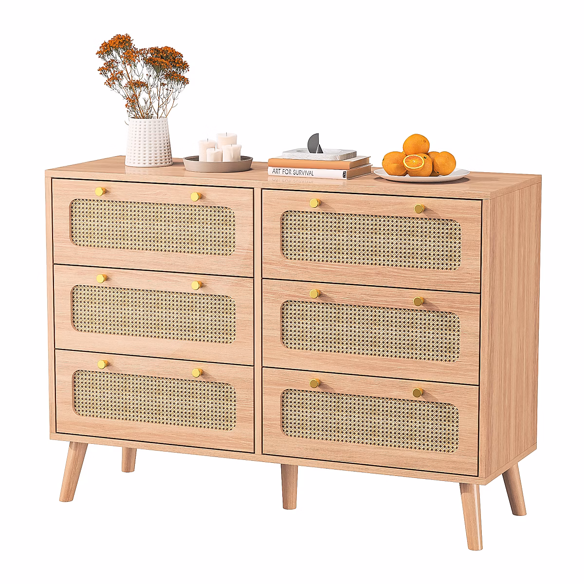 Commode En Rotin | six Tiroirs – convient Au Salon – à La Chambre Et à La Salle à Manger – 100 × 34 × 73cm – bois