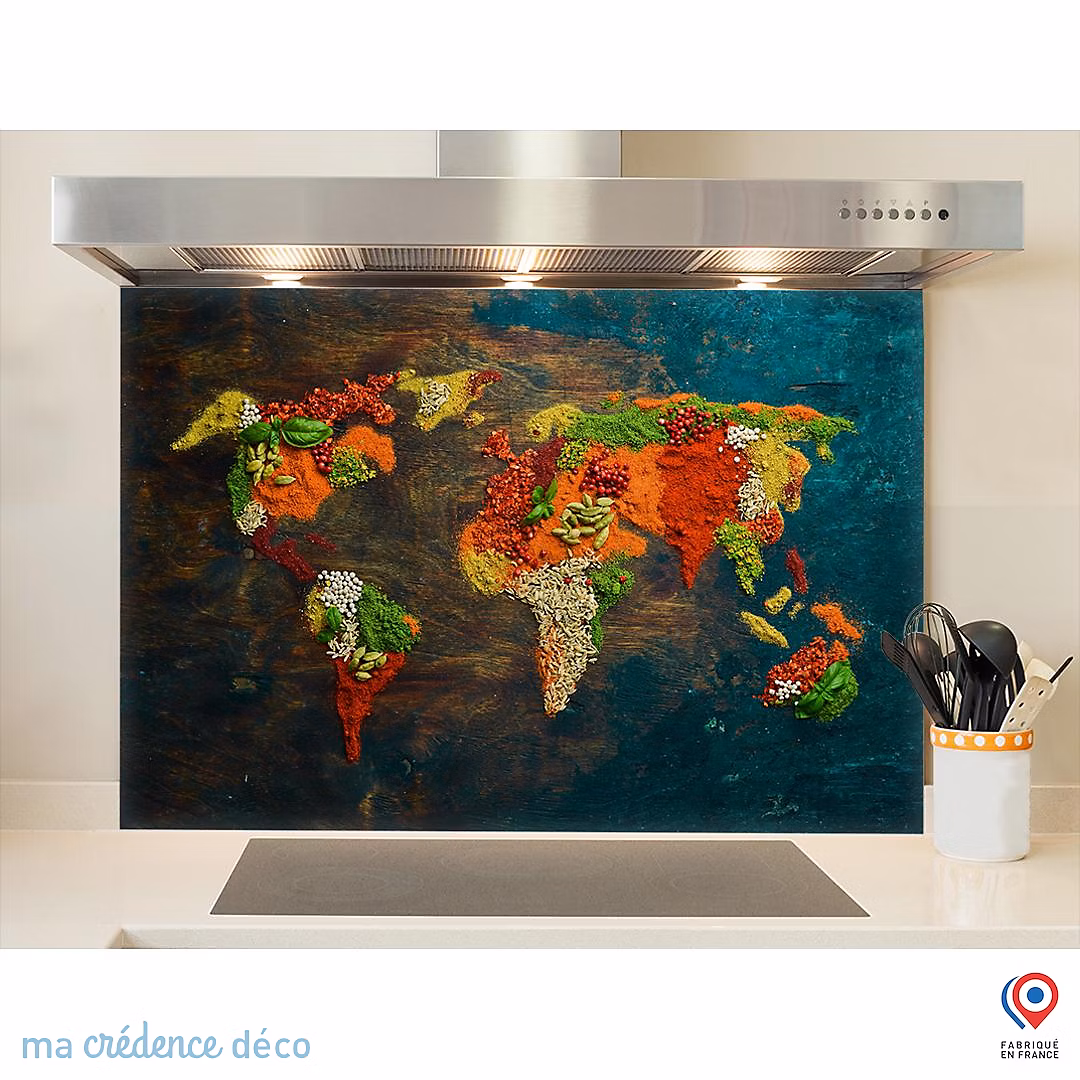 Crédence cuisine fond de hotte Epices et carte du monde 1 – Verre trempé | L 60 cm x H 45 cm | MaCrédenceDéco