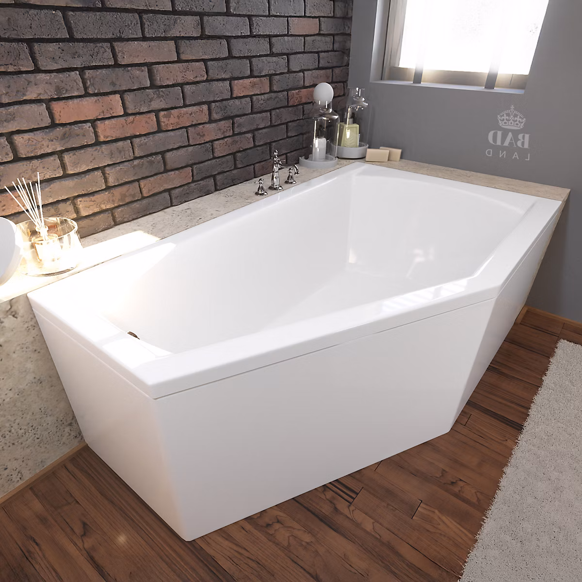 Baignoire asymétrique 160 x 90 Droite SELENA acrylique blanc + avec Tablier + Pieds + Vidage à chromé | Baignoire