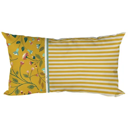 Extérieur confort：Coussin déco en polyester/coton rayé et fleuri coloris cumin Victorine - 50 x 30 x 15 cm