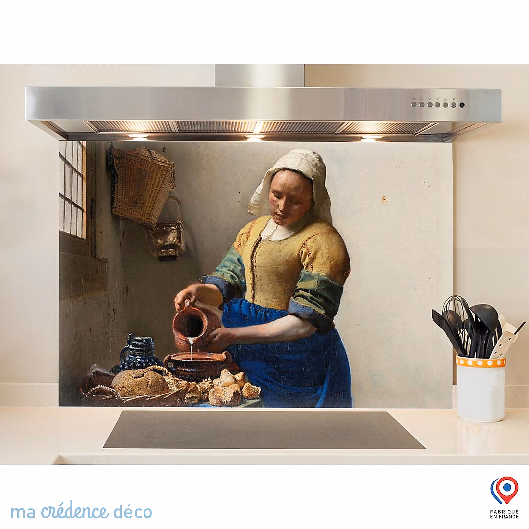 Crédence cuisine fond de hotte La laitière – Vermeer, Verre trempé, L 60 cm x H 45 cm, MaCrédenceDéco
