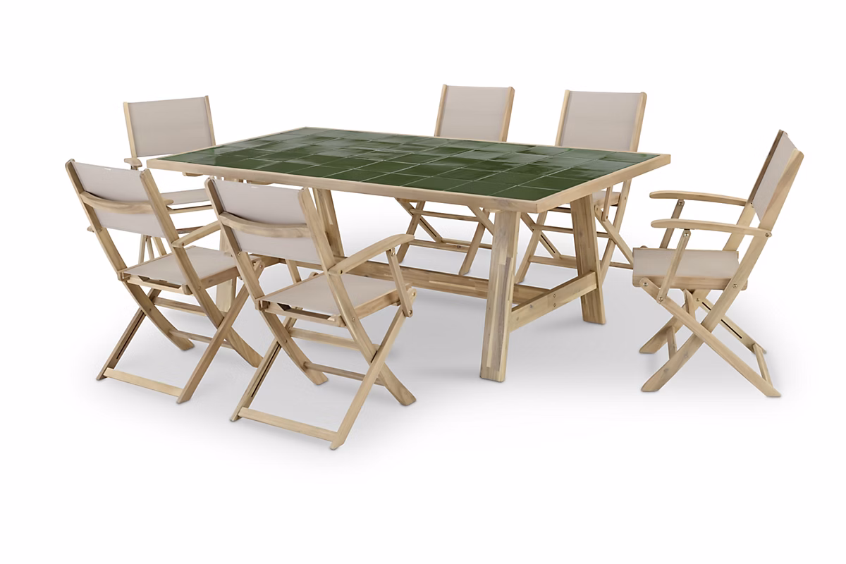 Ensemble salle à manger jardin table en bois et céramique verte 205x105 + 6 chaises bois et textile beige – Java Light