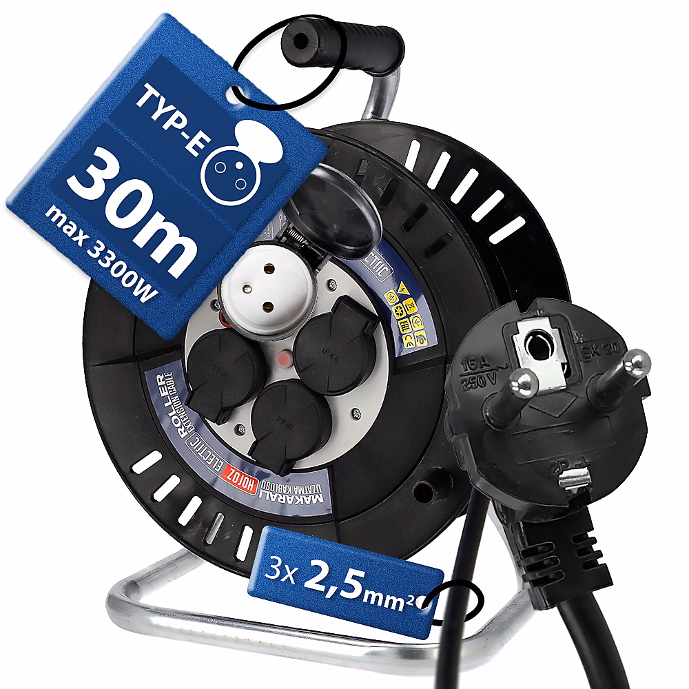 Enrouleur électrique 30 m – 4 prises, type E, 3 × 2,5 mm², IP44, rallonge pour jardin et atelier HOROZ