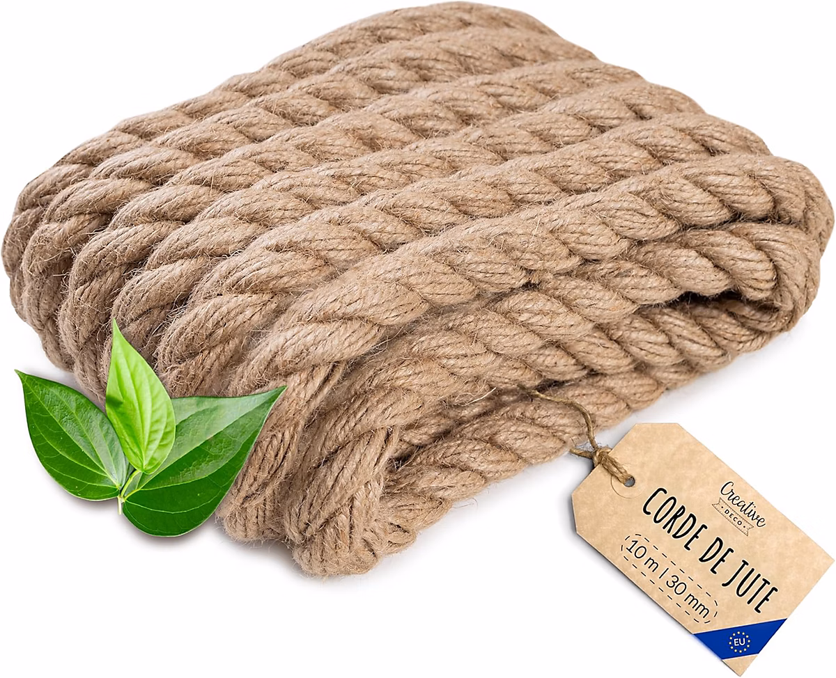 Creative Deco 10m Corde de Jute Epaisseur 30mm – Personnalisation Possible Tous les 5m, Corde Solide, Torsadé Fibres Naturelles