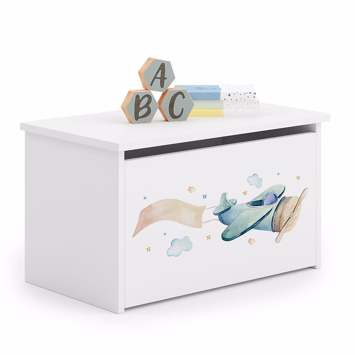 Rangement, meuble et dressing – Coffre à jouets Daria blanc imprimé Avion pour la chambre d'enfant