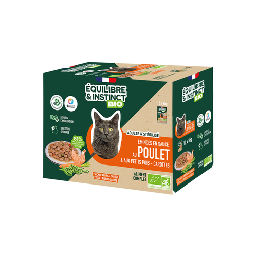 ÉMINCÉS SAUCE CHAT ÉQUILIBRE & INSTINCT® BIO - POULET & PETITS POIS - 12X85G