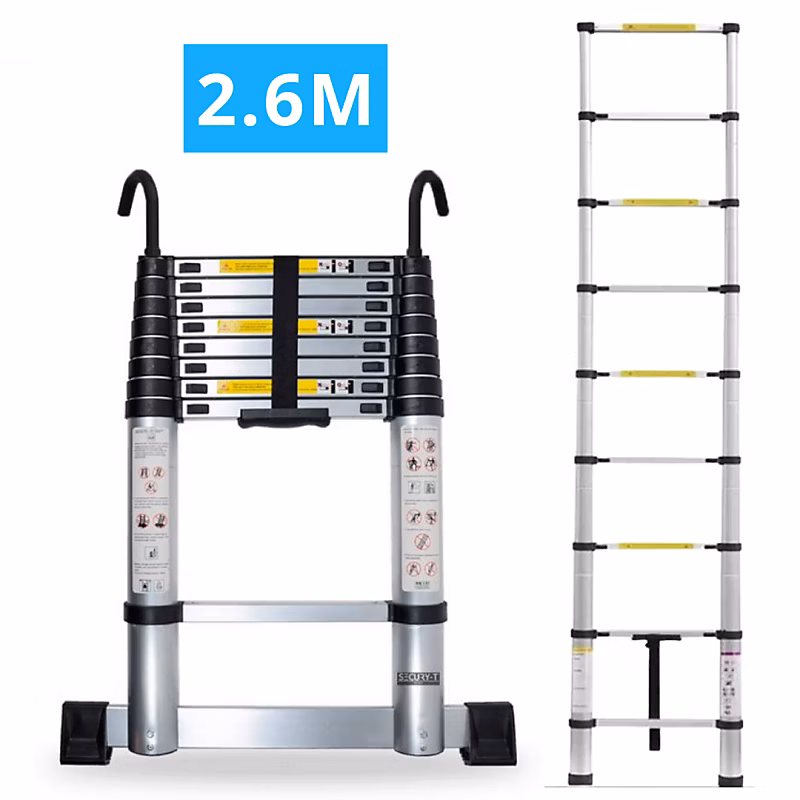 Echelle télescopique aluminium 9 marches H 2 – 6M avec crochets démontables et barre stabilisatrice