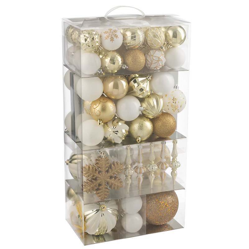 Boite de 80 décorations de Noël en plastique blanc 30 × 18 × 58 cm