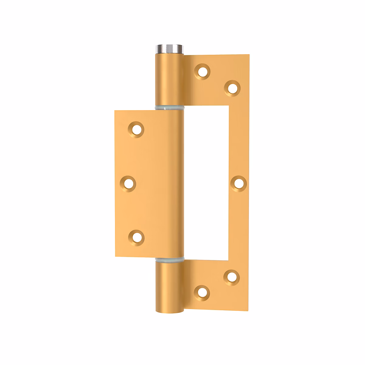 Charnière simple action à ressort – 150 × 40 mm, en aluminium anodisée or posée totalement en applique, a lame centrée.