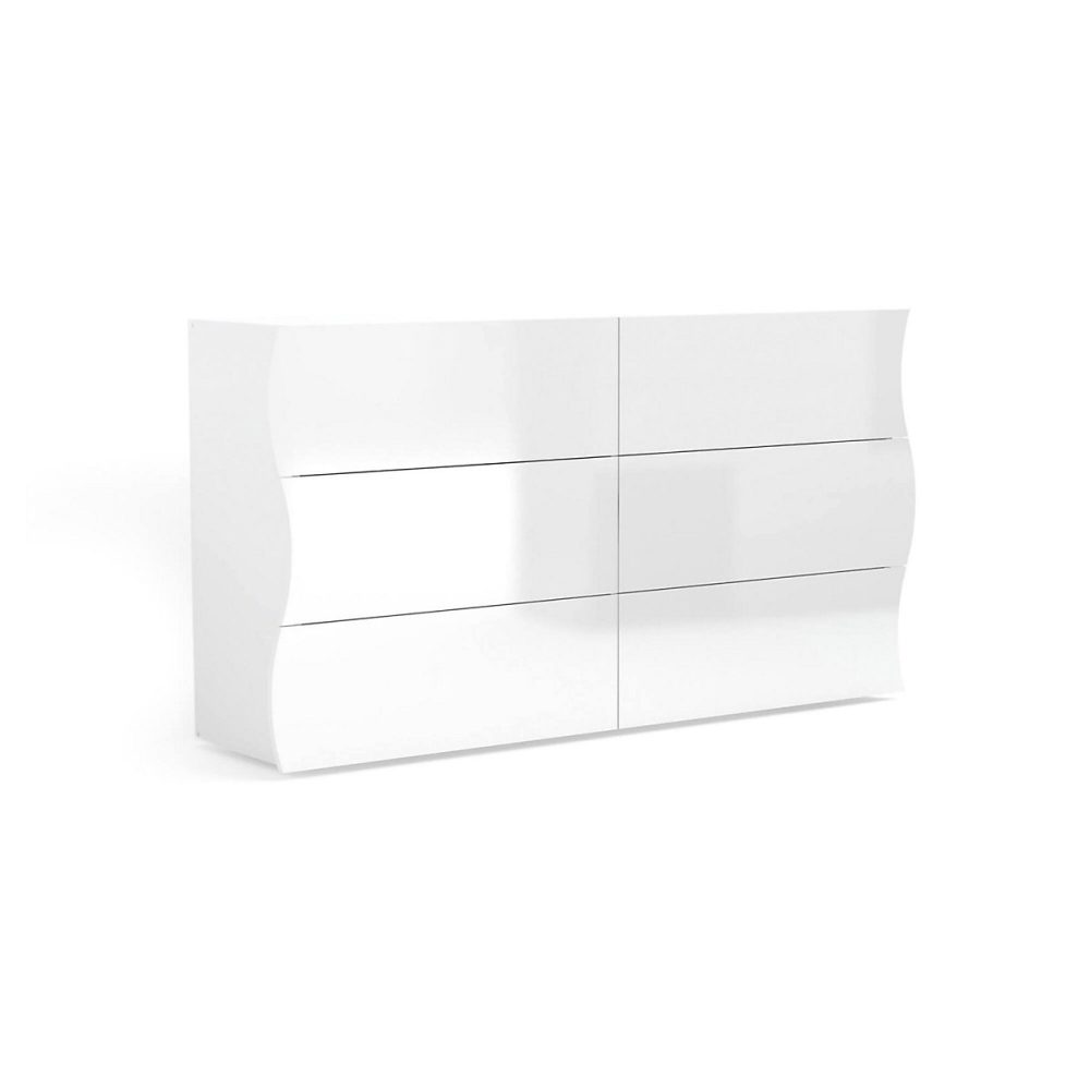 Commode Tyler – Commode 6 tiroirs, Commode de chambre, 100% Made in Italy, Blanc brillant, 155x40h82 cm