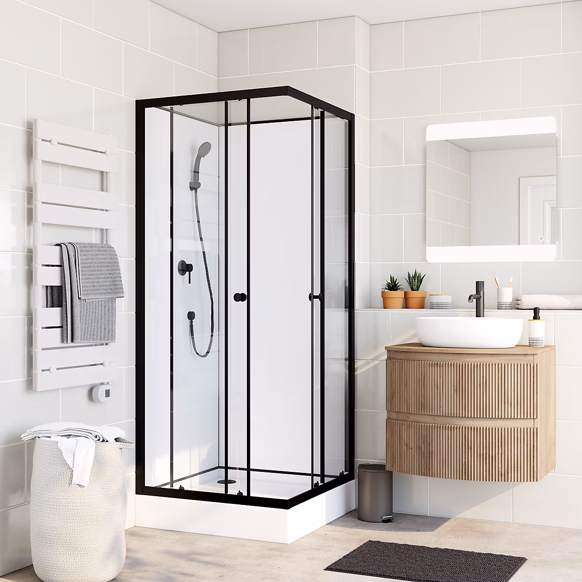 Cabine de douche l.80 x L.80 x H.200 cm – cabine d'angle, montage sans silicone, fond blanc et profilés noirs, GoodHome Arkell | Douche