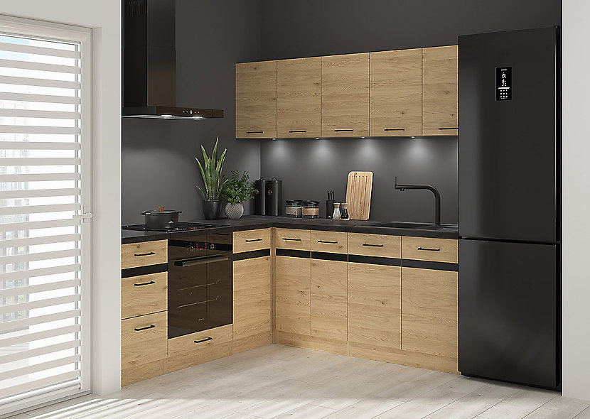 Cuisine d'angle complète 200 × 200 cm – Meubles de cuisine modulables coloris Chêne bernstein, plan de travail Non inclus