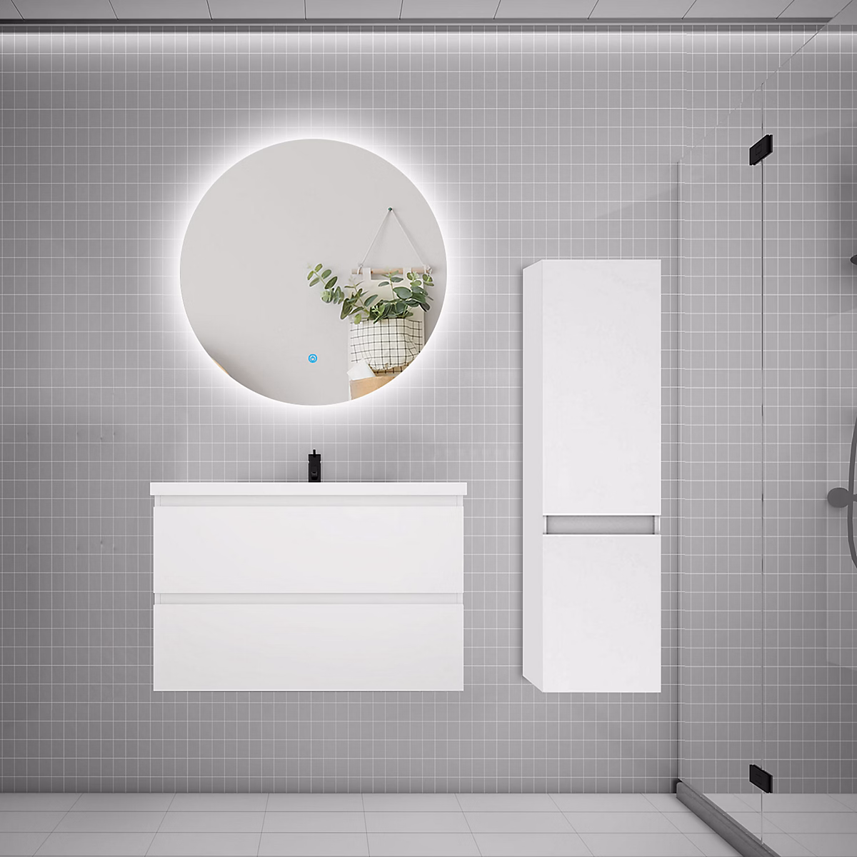 Ensemble meuble de salle de bains – Ensemble meuble de salle de bain et lavabo blanc (L.80cm) 2 tiroirs + meuble haut + lavabo + miroir rond LED