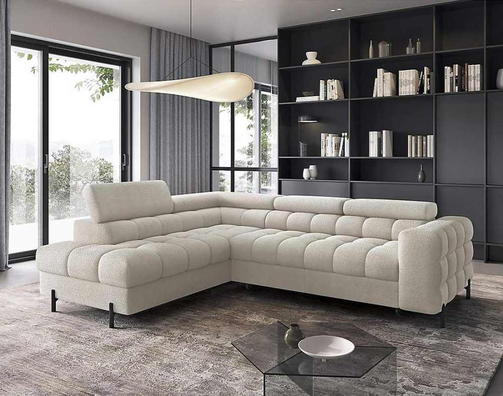 Elisa – canapé d'angle gauche 5 places convertible avec coffre et têtières réglables en tissu bouclette, Best Mobilier