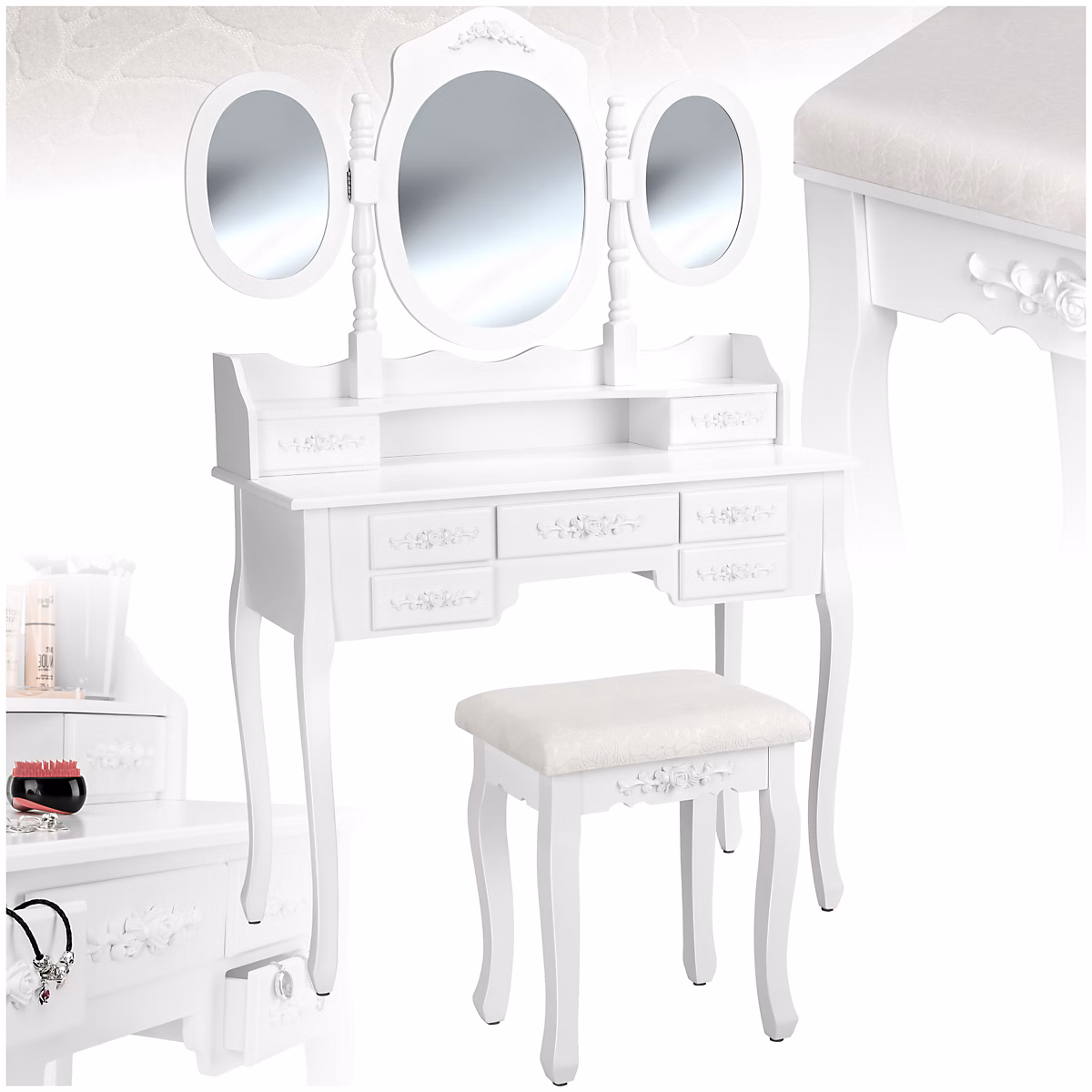 Coiffeuse table de maquillage au look antique – avec tabouret rembourré blanc