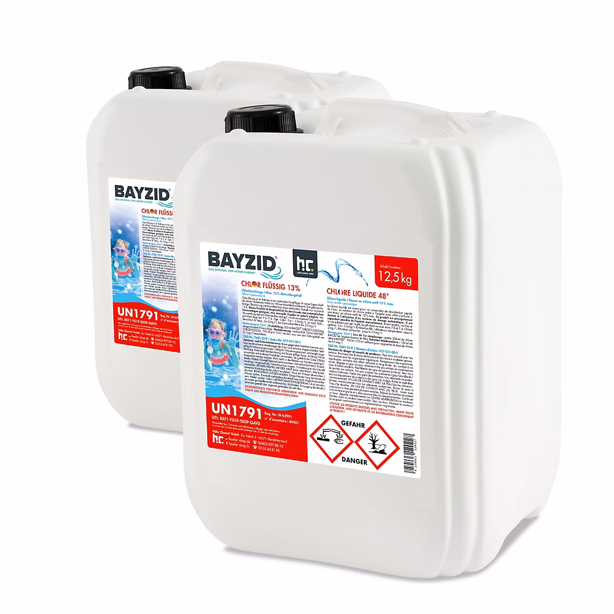 Chlore Liquide 48degrée Bayzid 2 × 12 – 5 Kg (10 L), Désinfection Rapide Et Efficace Pour Piscines