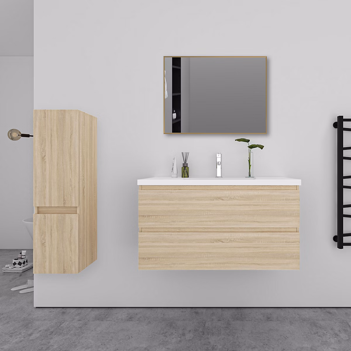 Ensemble meuble de salle de bains – Ensemble meuble Chêne et vasque L.100cm 2 tiroirs + colonne haut + lavabo + miroir