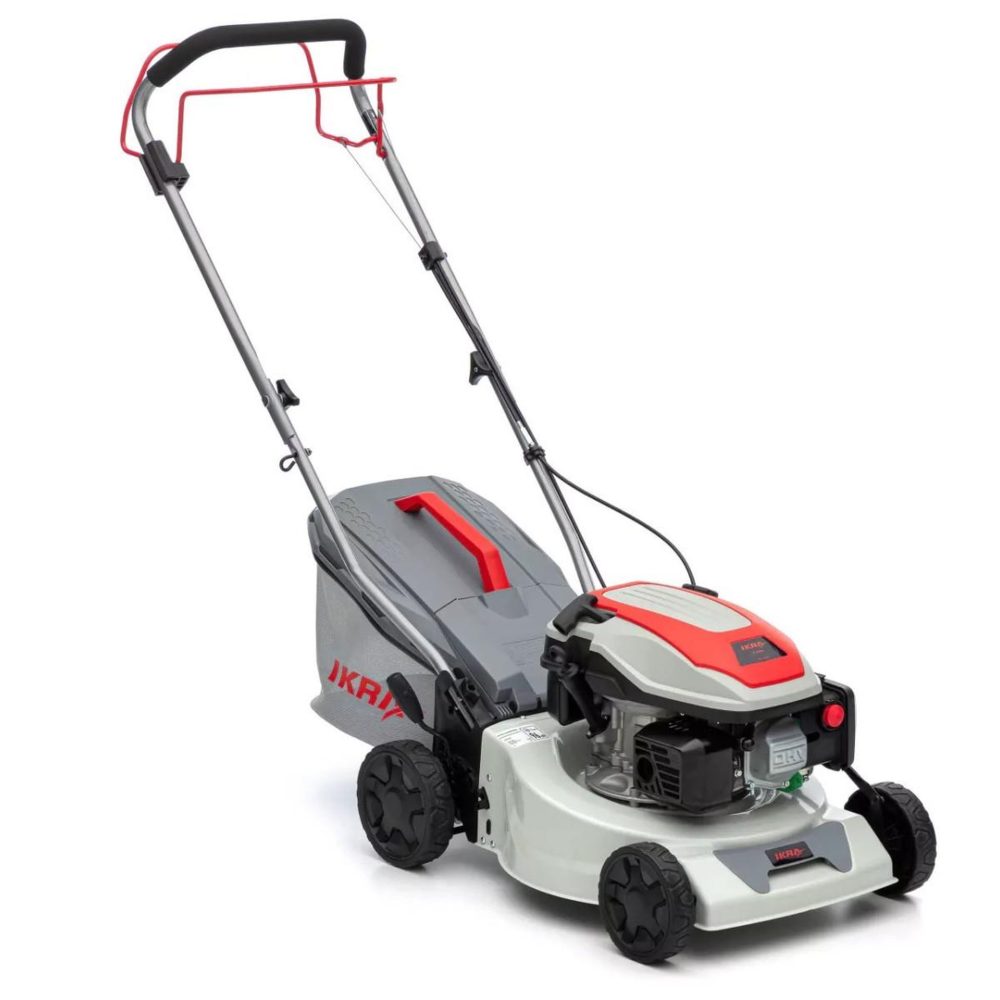 Ikra Tondeuse à gazon thermique autotractée 1000m2 - 3,5cv 145cm3 coupe 41.8cm mulching moteur 4t bac 40l ikra
