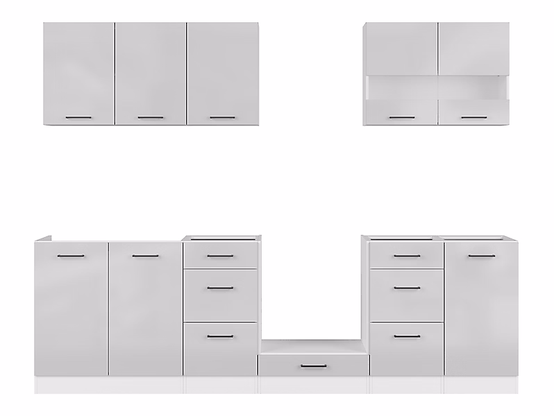 Cuisine complète 260 cm – Ensemble de meuble de cuisine coloris Blanc/Gris clair brillant, plan de travail non inclus