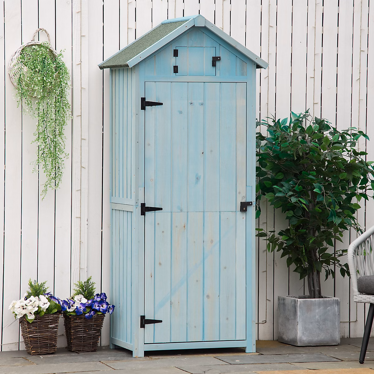 Armoire de Jardin – Cabane de Rangement avec Fenêtres et 3 Étagères Amovibles, Bois Peint, Bleu et Vert, 77x54, 2 × 179 cm