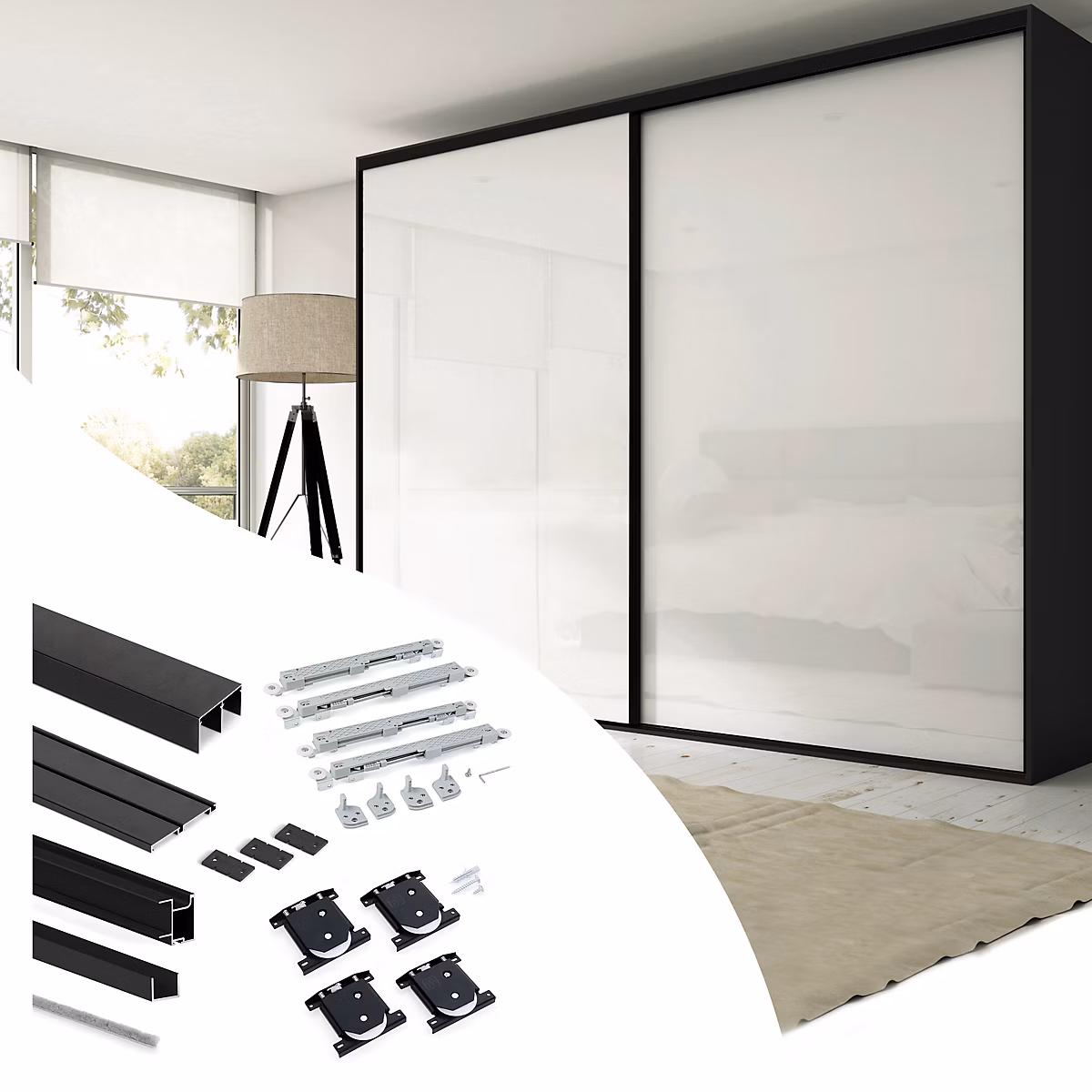 Emuca Kit de quincaillerie pour armoire à 2 portes coulissantes avec fermeture souple Placard 74 – Modèle de poignée Sharp