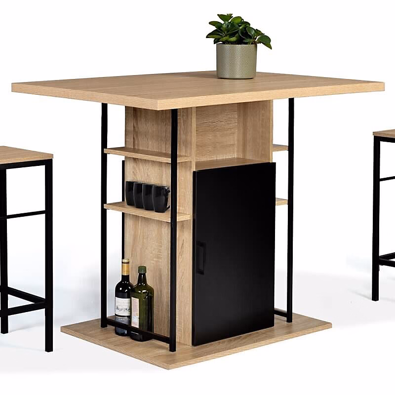 Comptoir Bar Ilot Central Meuble Industriel avec Rangements 110cm Imitation hêtre Salon Salle à Manger Cuisine 6 Places Moderne | Meuble