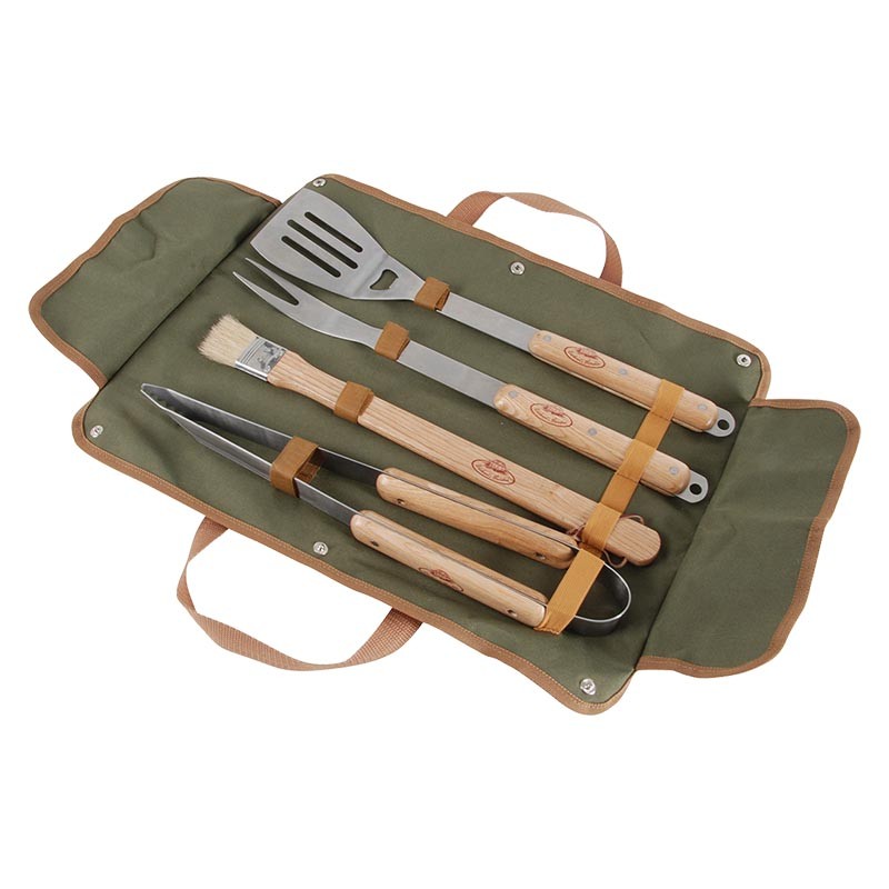 Set d'outils pour barbecue - 4 pièces inox et bois