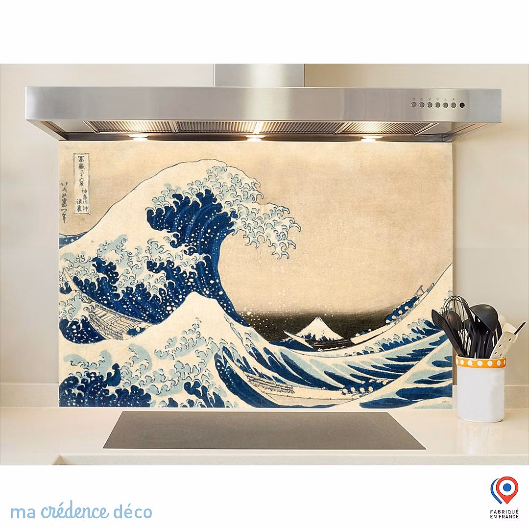 Crédence cuisine fond de hotte Katsushika Hokusai – Sous la vague au large de Kanagawa, Verre trempé, L 90 cm x H 70 cm
