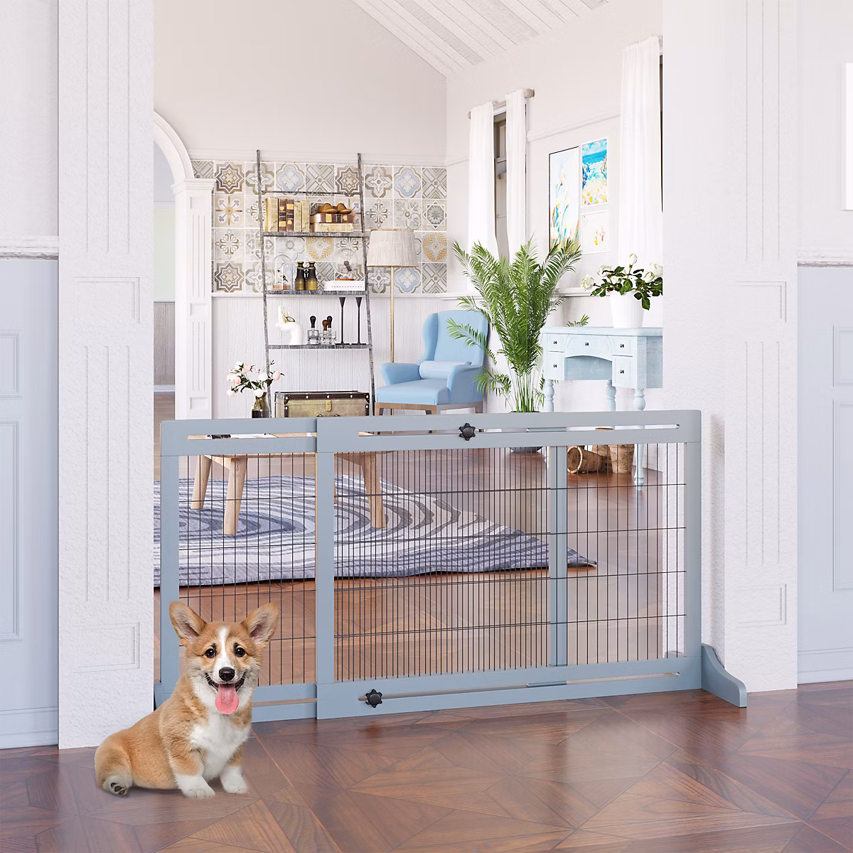 Barrière pour chien extensible 104-183 cm en bois gris avec pieds autoportants – Réf. VDBIUEIYH5741969268