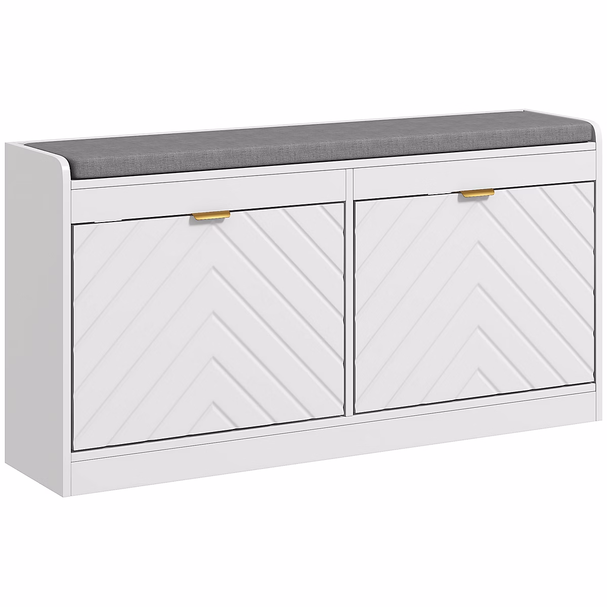 Banc à chaussures design 2 portes motif chevrons 2 étagères dim. 106 × 24 × 52cm coussin gris blanc