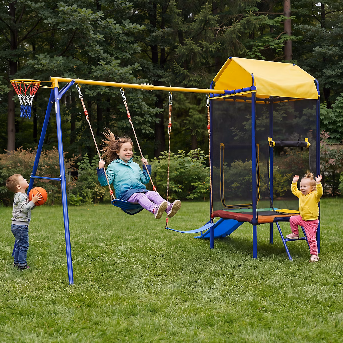 Balançoire – Aire de Jeux Extérieure Multifonctionnelle, Trampoline, Toboggan et Panier de Basket, Structure Métal, Multicolore
