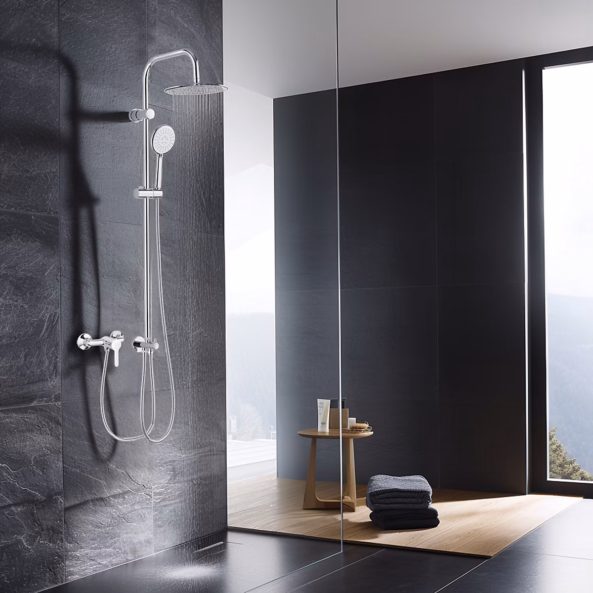 Colonne de douche thermostatique avec pomme de tête ronde – douchette et flexible | chrome | Valentin Inouie