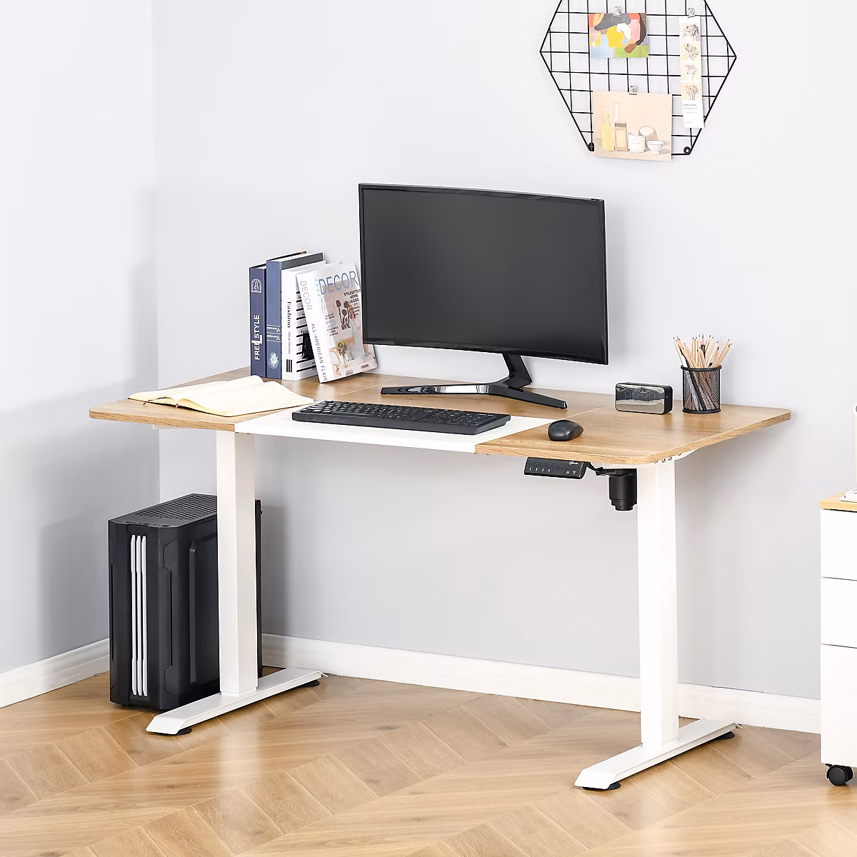 Bureau d'ordinateur – Bureau électrique assis-debout avec Moteur, Réglable en Hauteur, Métal et Blanc, 140 × 70 × 116 cm