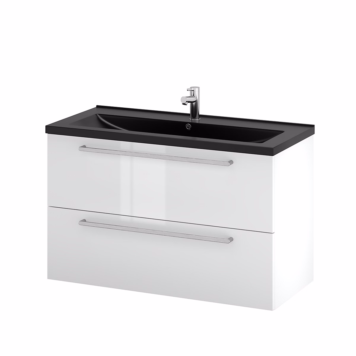 Meuble sous vasque suspendu blanc brillant l.100 cm 2 tiroirs Imandra + plan vasque noir porcelaine vitrifiée Nira – GoodHome