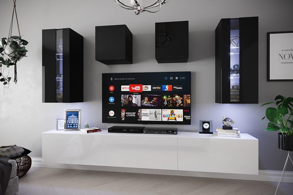 Ensemble meuble TV NEXT 291 AN291 – 17BW, HG24, 1B blanc, noir brillant 273 cm