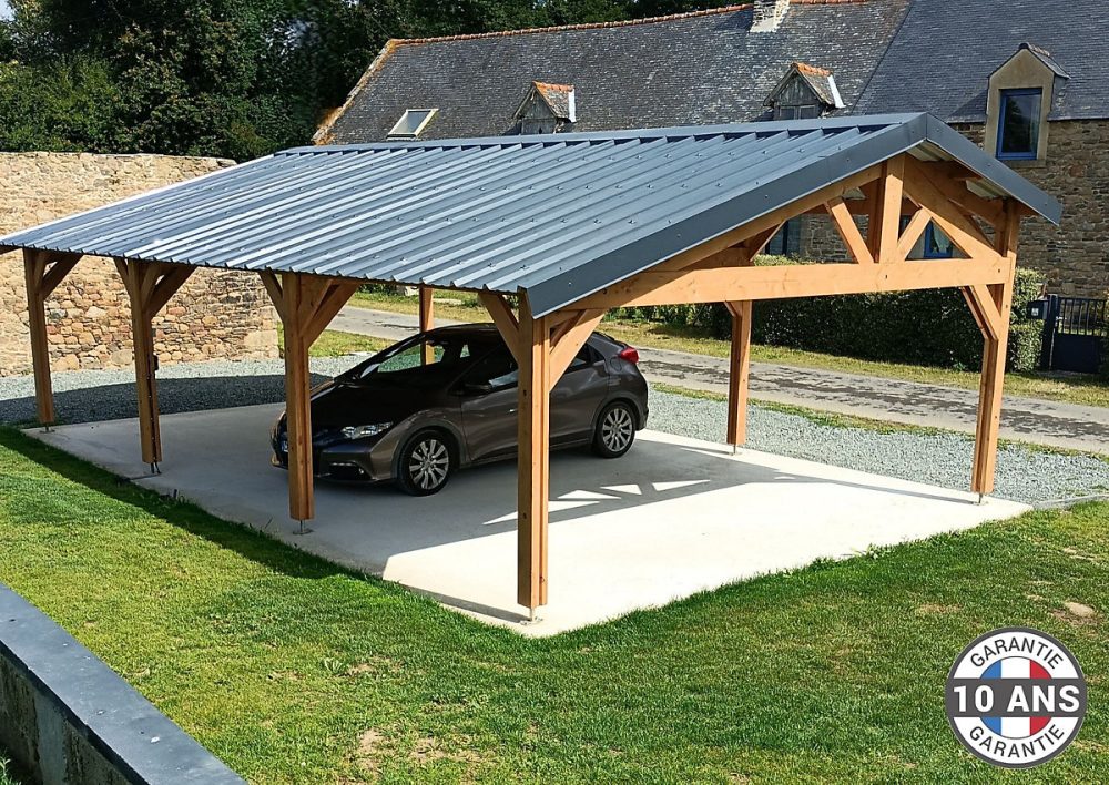 Carport 2 pentes faitage décalé – 600cmx1050cm, Bois DOUGLAS Français (Charpente en bois-auvent-abri voiture)63 m².Garantie 10 ans
